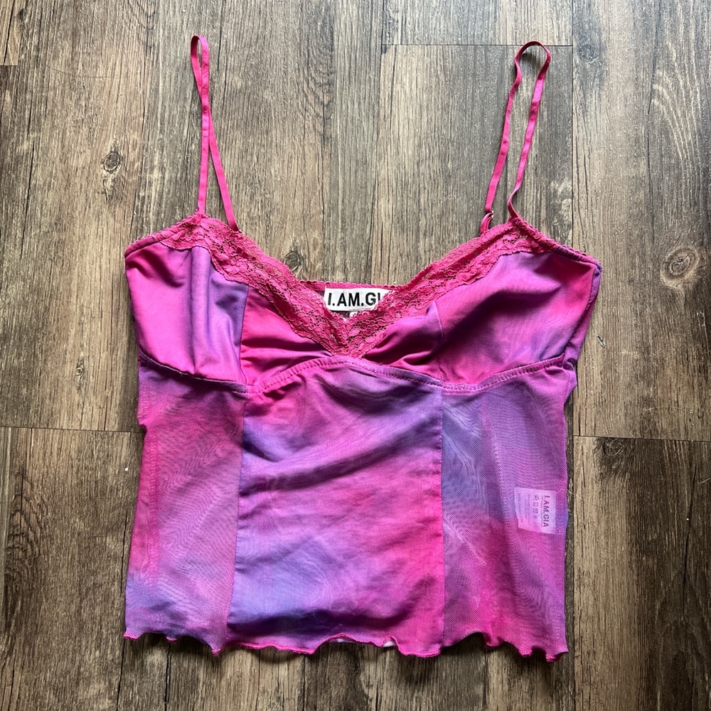 I.AM.GIA Pink and Purple Mesh Lettuce and Lace Trim Cami